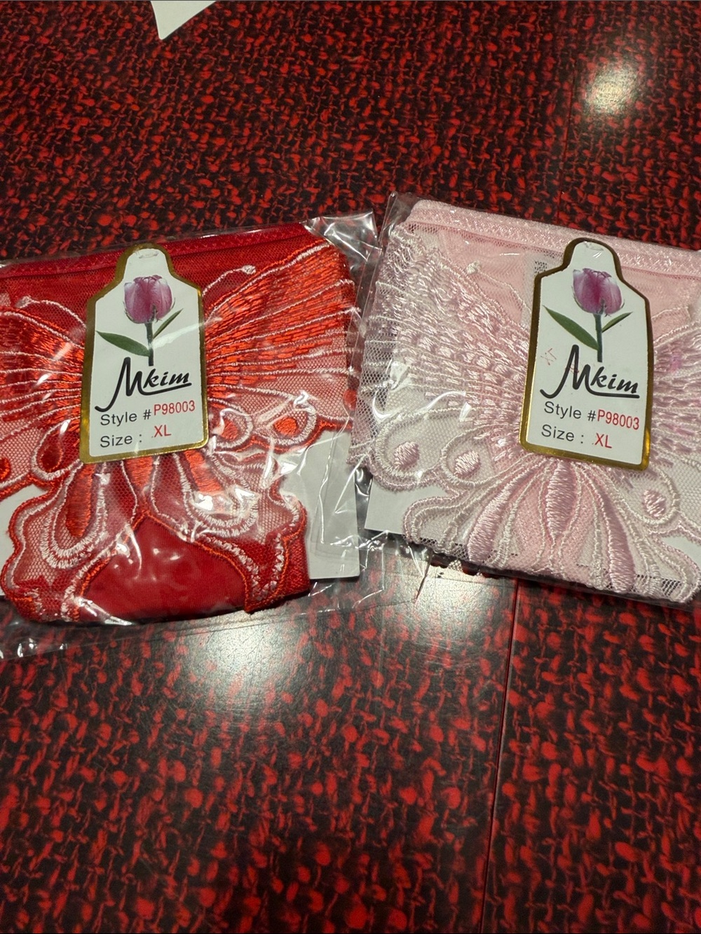 Mkim Lace Trim Butterfly thongs Deadstock Y2K vintage- Red & Light Pink, XL